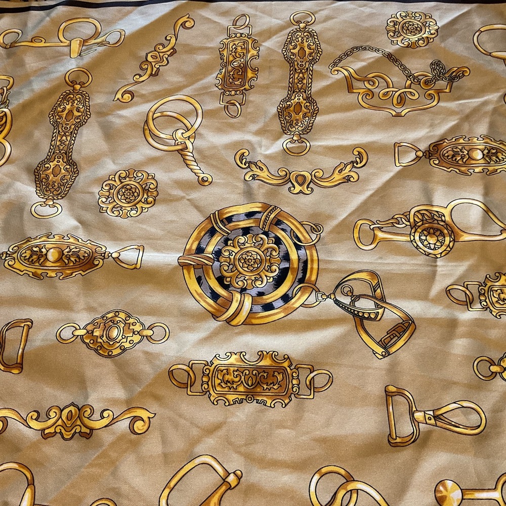 Equestrian Animal Print Scarf 20" X 20" square 100% Polyester Gold Beige Black - Picture 5 of 7